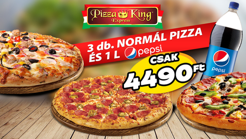 Pizza King 7 - 3 db normál pizza 1 literes Pepsivel - Szuper ajánlat - Online rendelés